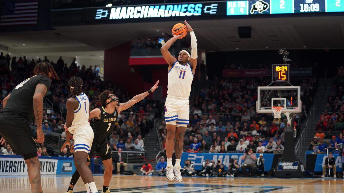 Boise State’s Chibuzo Agbo elevates for a shot Wednesday during the Broncos’ 60-53 loss to Colorado in the First Four of the NCAA Tournament in Dayton, Ohio. Agbo led the Broncos with 17 points.
