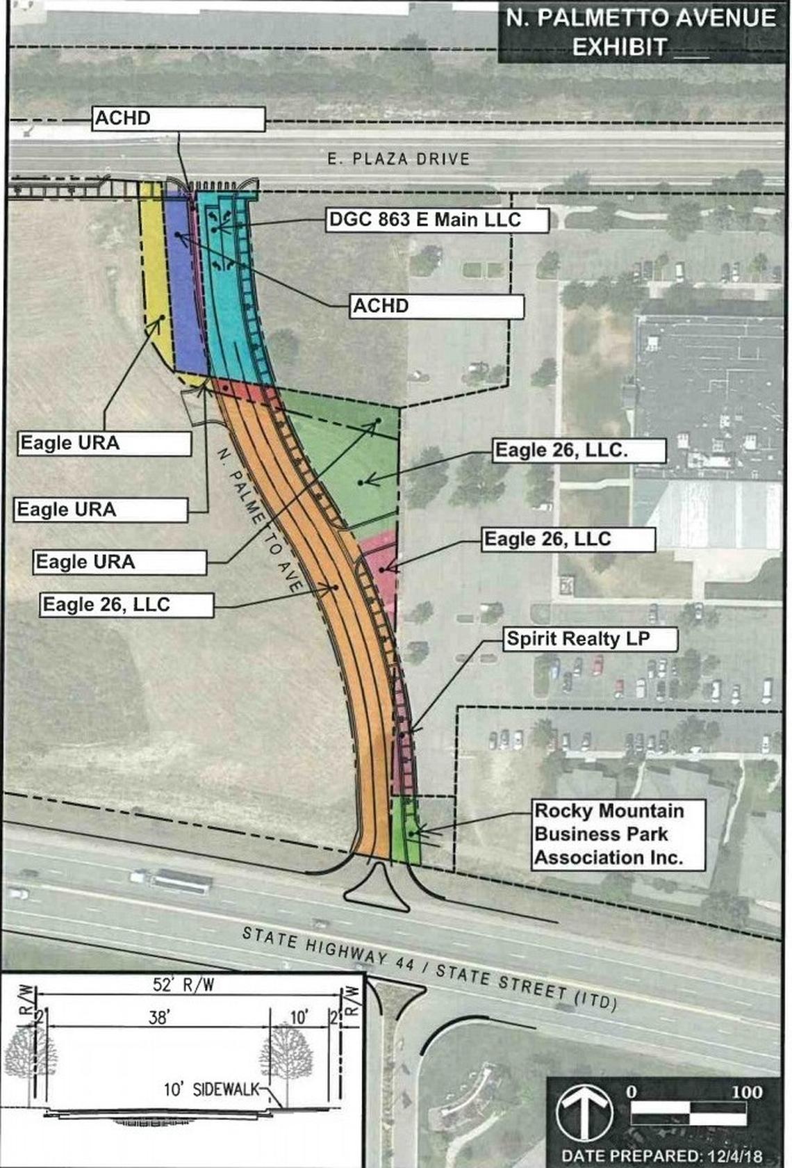 This map shows the proposed Palmetto Avenue extension that would connect East Plaza Drive with Idaho 44/State Street. The city of Eagle had to assemble parcels from different landowners, including the Eagle Urban Renewal Agency (Eagle URA) to get the full right of way for the road.