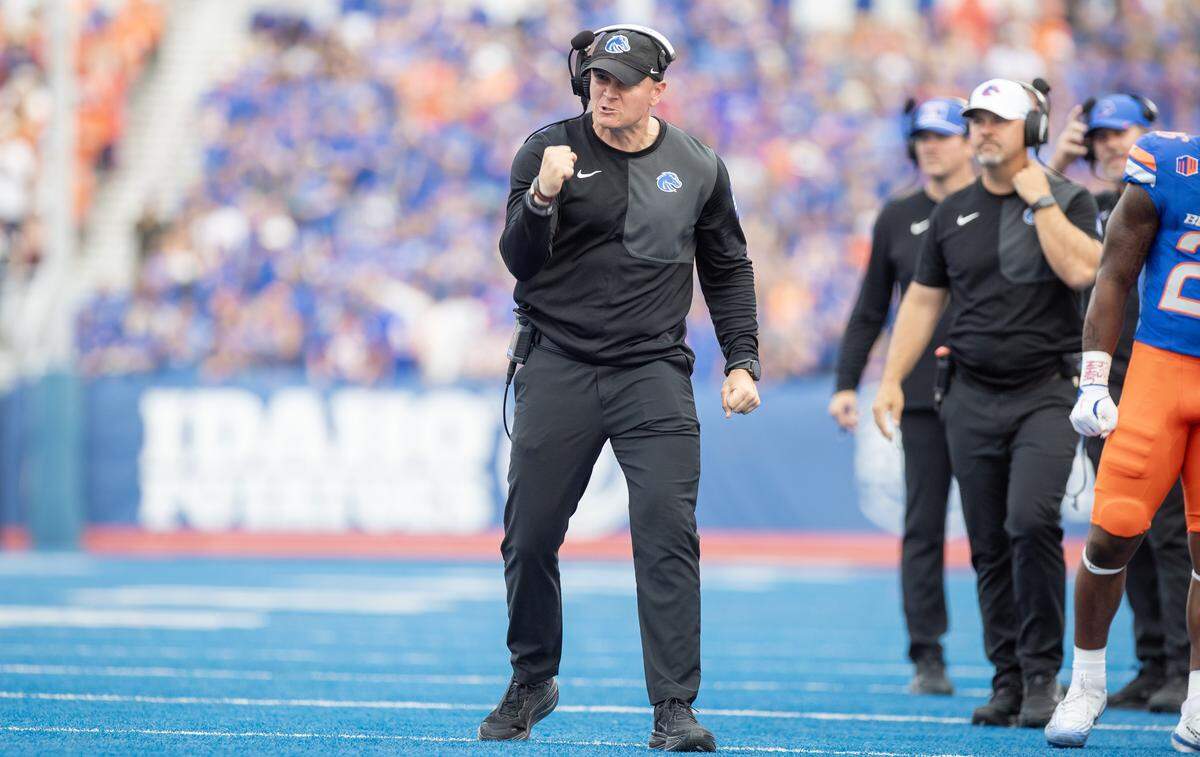Boise State coach Spencer Danielson celebrates a first-quarter touchdown against Eastern Washington earlier this season. 