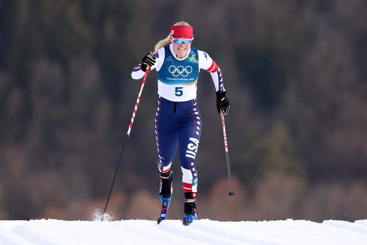 VAL DI FIEMME, ITALY - FEBRUARY 10: Sammy Smith of Team United States competes in Women's Sprint Classic Qualification on day four of the Milano Cortina 2026 Winter Olympic games at Tesero Cross-Country Skiing Stadium on February 10, 2026 in Val di Fiemme, Italy. (Photo by Lars Baron/Getty Images)