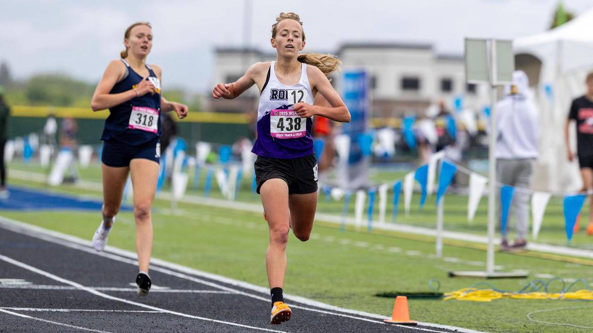 Emme Hamm of Rocky Mountain finishes in first place in the 6A girls 1,600 meters on Saturday at Mountain View High School.