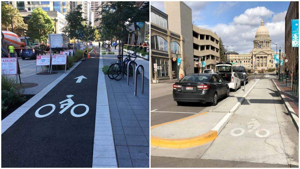 Left: A raised bike lane, like this one in Seattle, is proposed for 11th Street in downtown Boise. Right: An on-street protected bike lane, like this one on Capitol Boulevard in front of Boise City Hall (at right, out of the image), was considered but rejected.