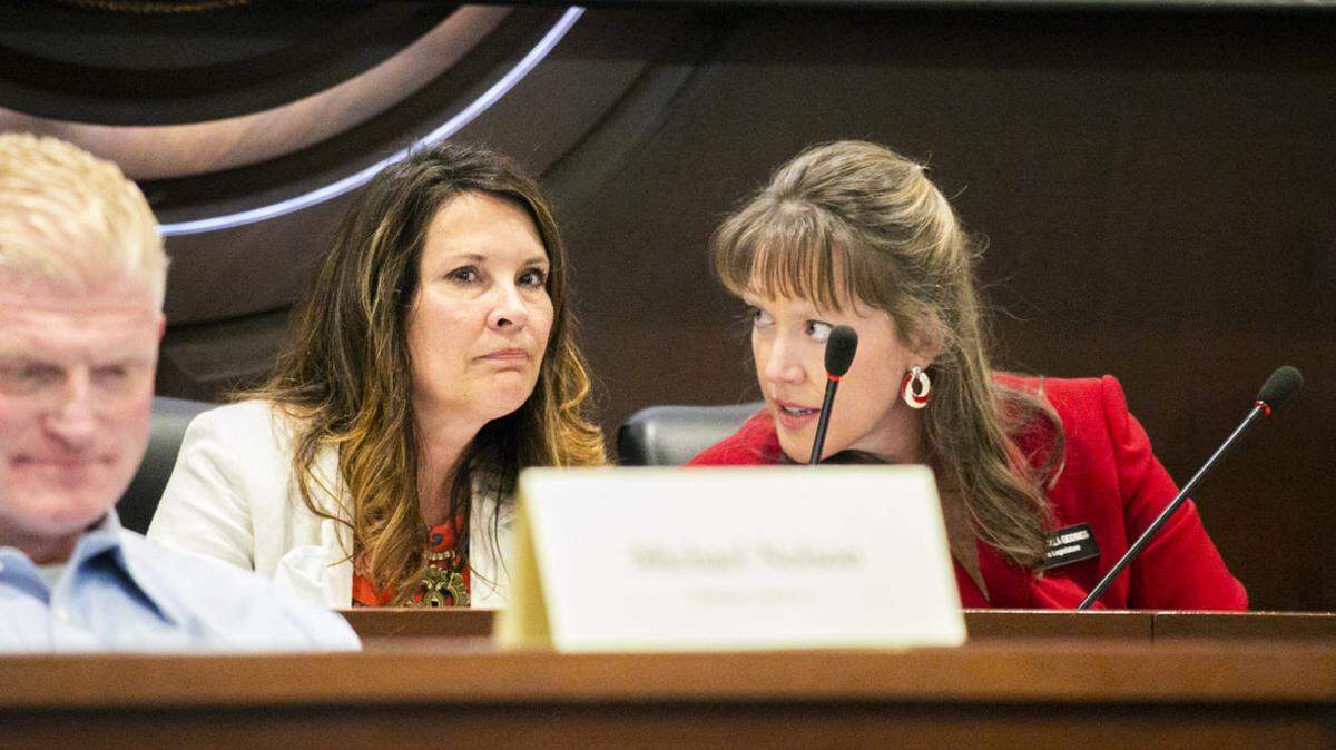 Lt. Gov. Janice McGeachin, left, and Rep. Priscilla Giddings speak during an education task force meeting at the Idaho Capitol.