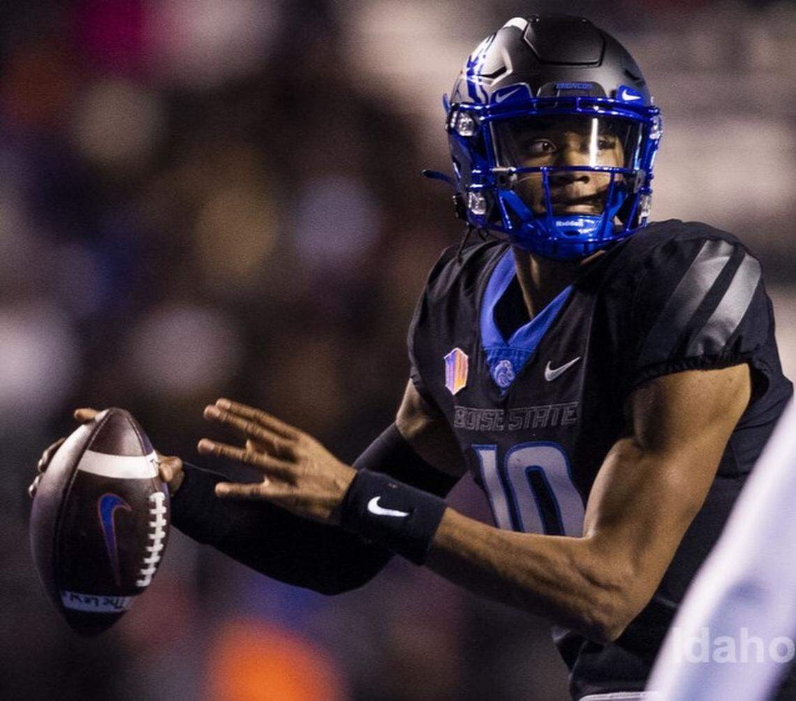 Boise State quarterback Taylen Green looks to pass against BYU on Saturday, Nov. 5, 2022, at Albertsons Stadium in Boise.