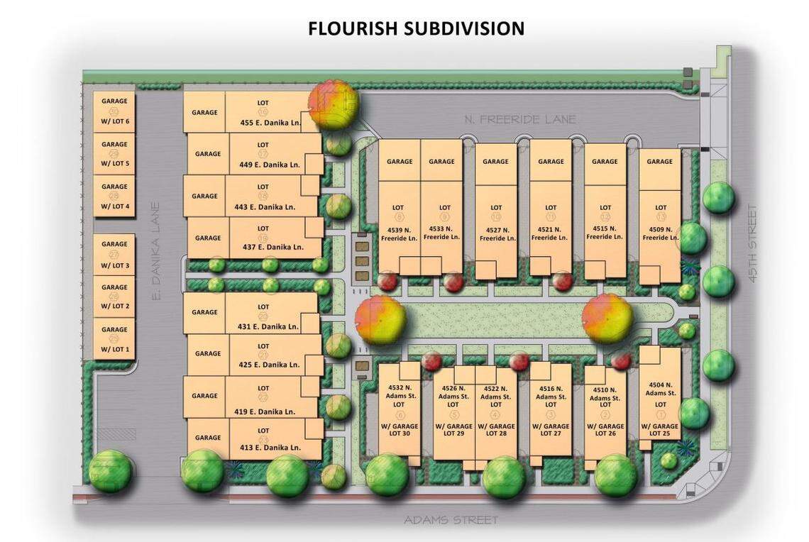The Flourish pocket neighborhood includes an open area that encourages interactions between neighbors. Owners of six homes facing Adams Street will have detached garages on the west side of the development. Each of the other homes have attached garages.