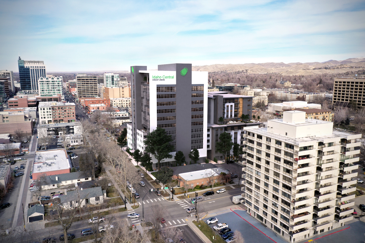 This rendering shows a future view of a two-tower building being built at 200 N. 4th St. This view looks toward the northwest and toward the middle of downtown Boise. Construction costs have caused a delay.