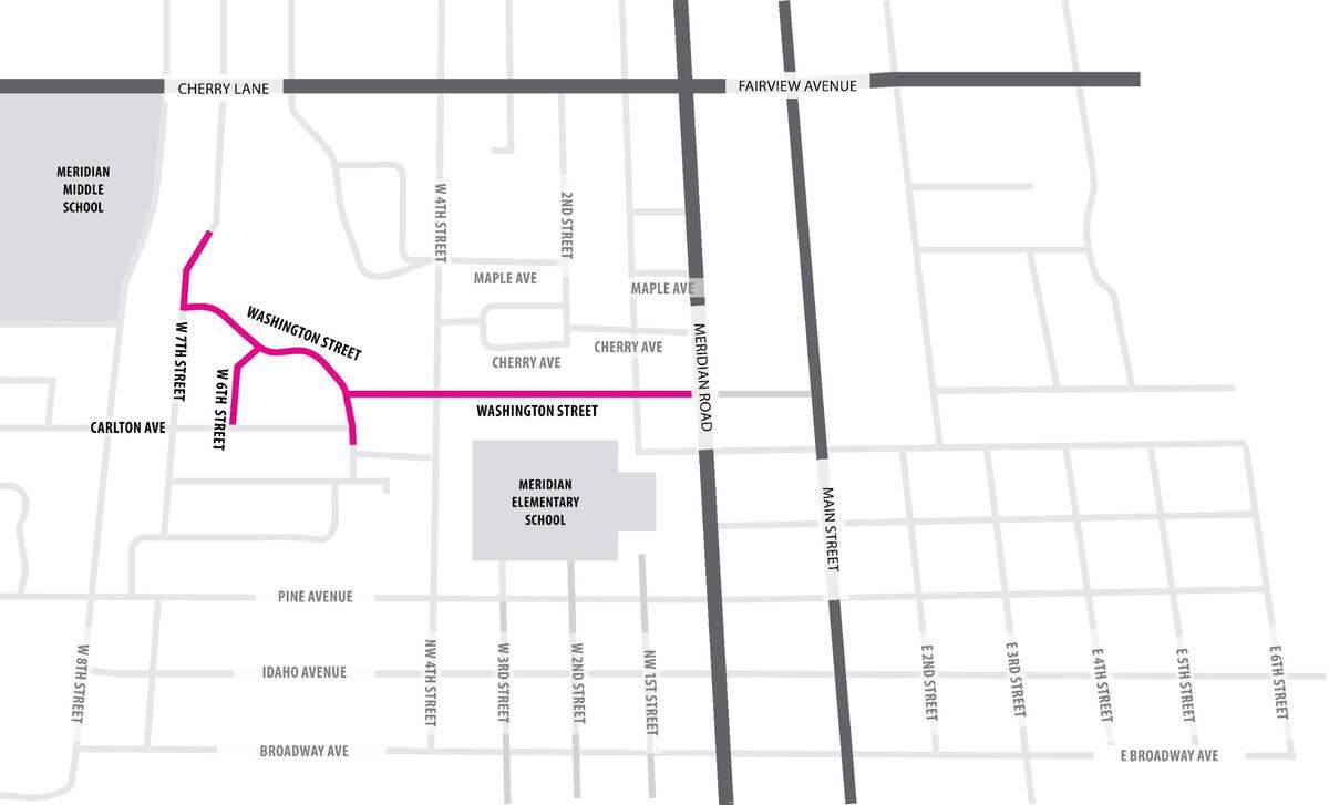The Ada County Highway District is planning to upgrade Meridian’s 6th Street and Washington Street, highlighted in this map. The project was highlighted in ACHD’s five-year plan.