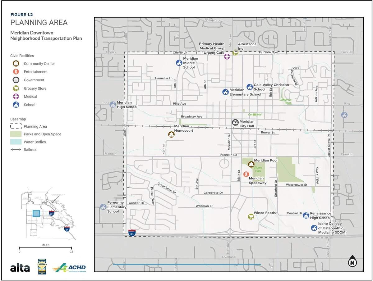 The downtown Meridian neighborhood transportation planning area is a square shape with Meridian City Hall at 33 E. Broadway Ave. near the center.