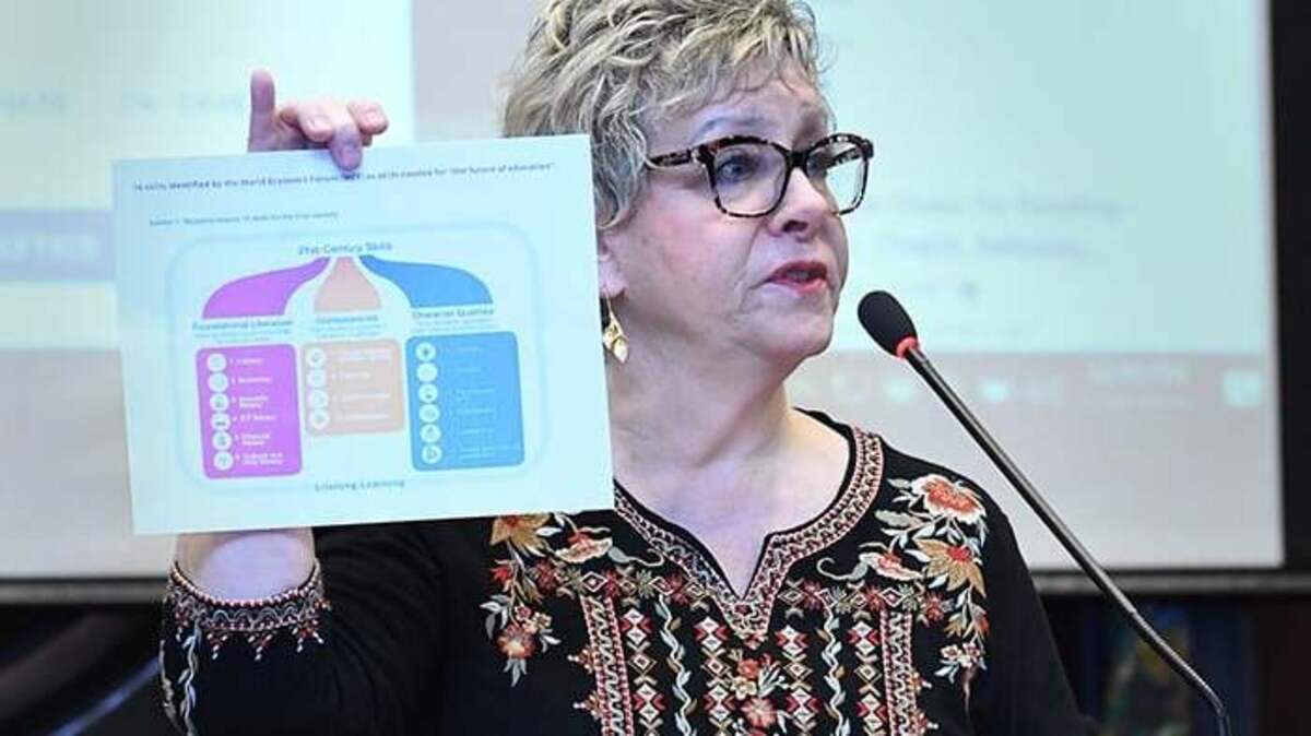 A photo shows Laura Van Voorhees speaking out against social emotional learning at the Idaho Parents for Educational Choice event at the Statehouse in January. Van Voorhees was charged with a criminal misdemeanor of electioneering after allegedly offering information about critical race theory at the polls on Nov. 2.