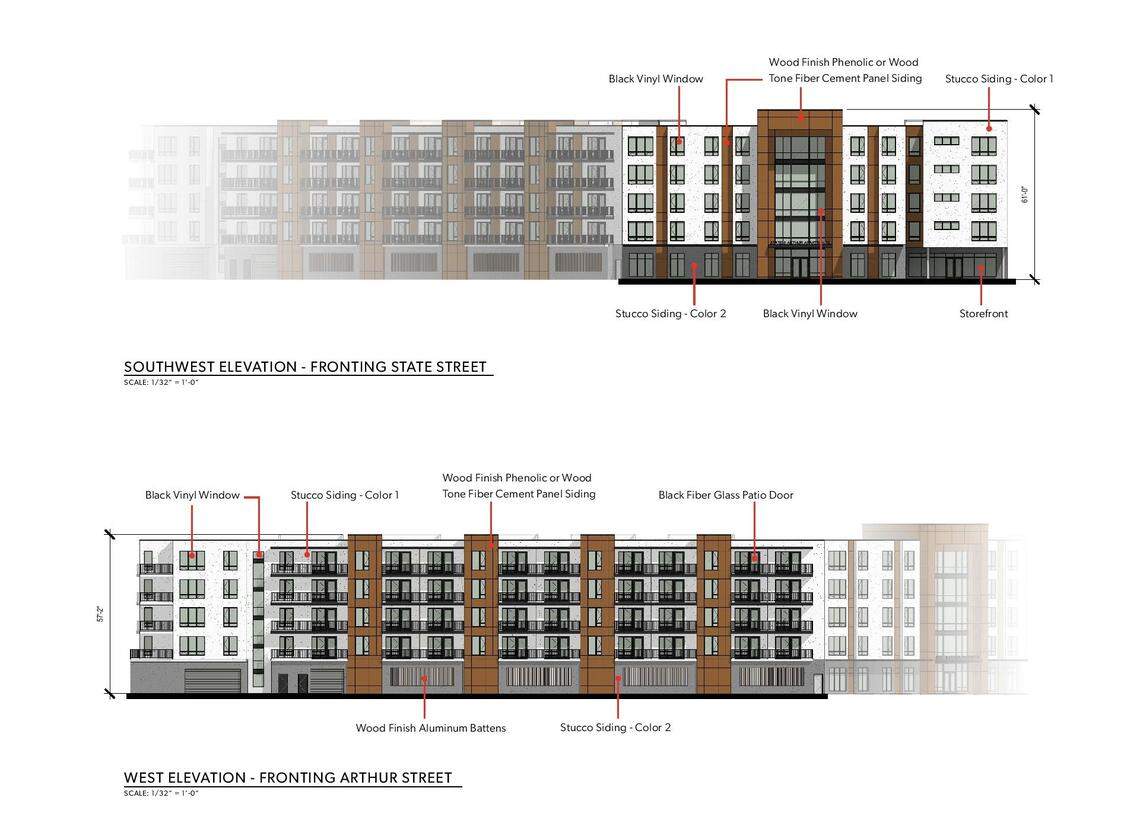 These renderings show the design of the proposed affordable housing complex at State and Arthur streets. The building is planned to have five floors and 102 units.