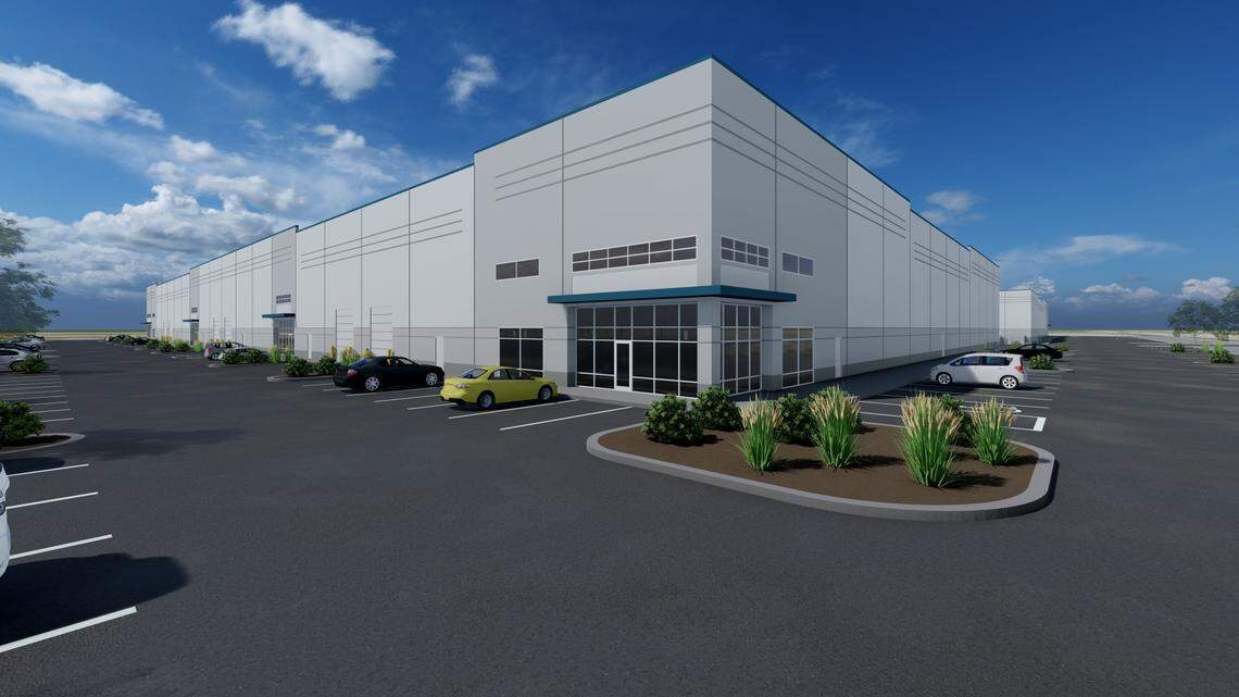 An architect’s rendering of the AI Northside Industrial Park being built one mile north of the I-84 interchange at Northside Boulevard by Boise developer Adler Industrial LLC.