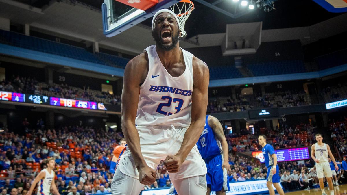 Boise State’s RJ Williams celebrates a basket and a foul against Air Force in a Mountain West Conference game on Tuesday, Feb. 11, 2020 at ExtraMile Arena.