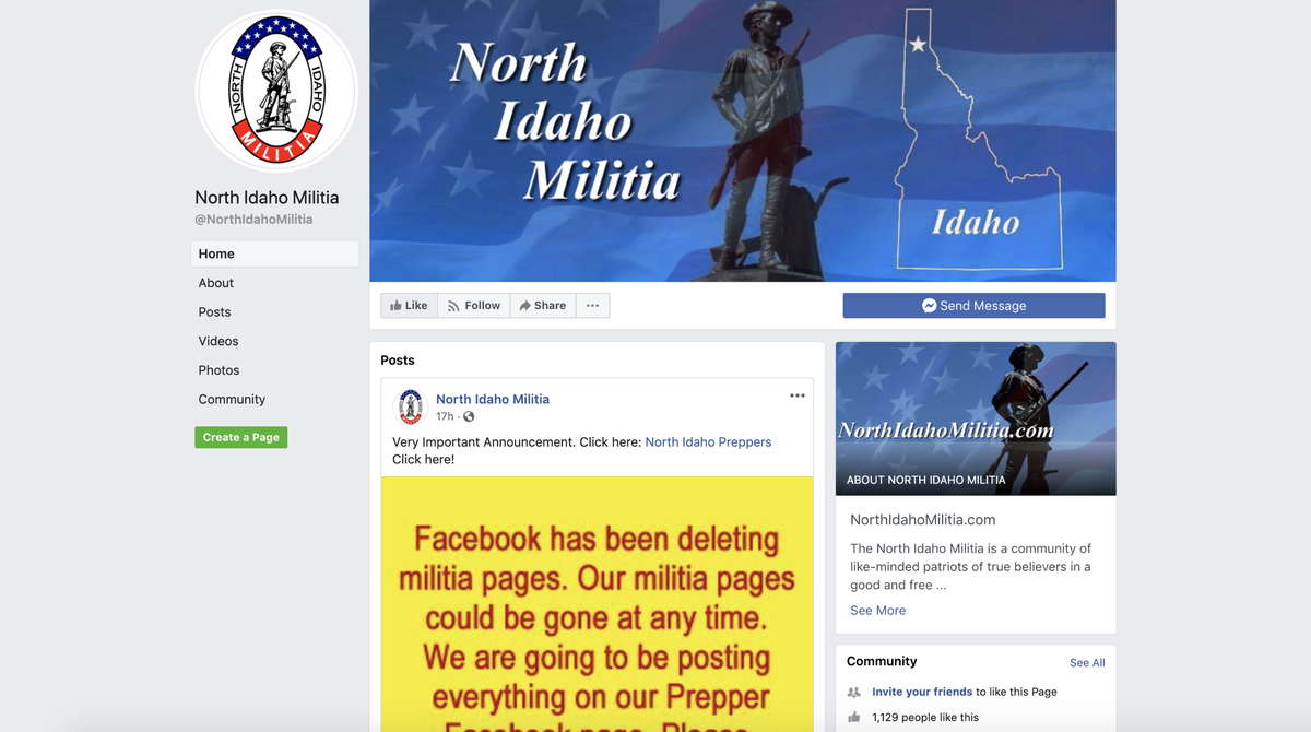 The North Idaho Militia posted on its Facebook page on Wednesday, Aug. 19, 2020, that it expected its page to be removed from the social media site as part of a purge of militia groups and other organizations Facebook said incite violence.