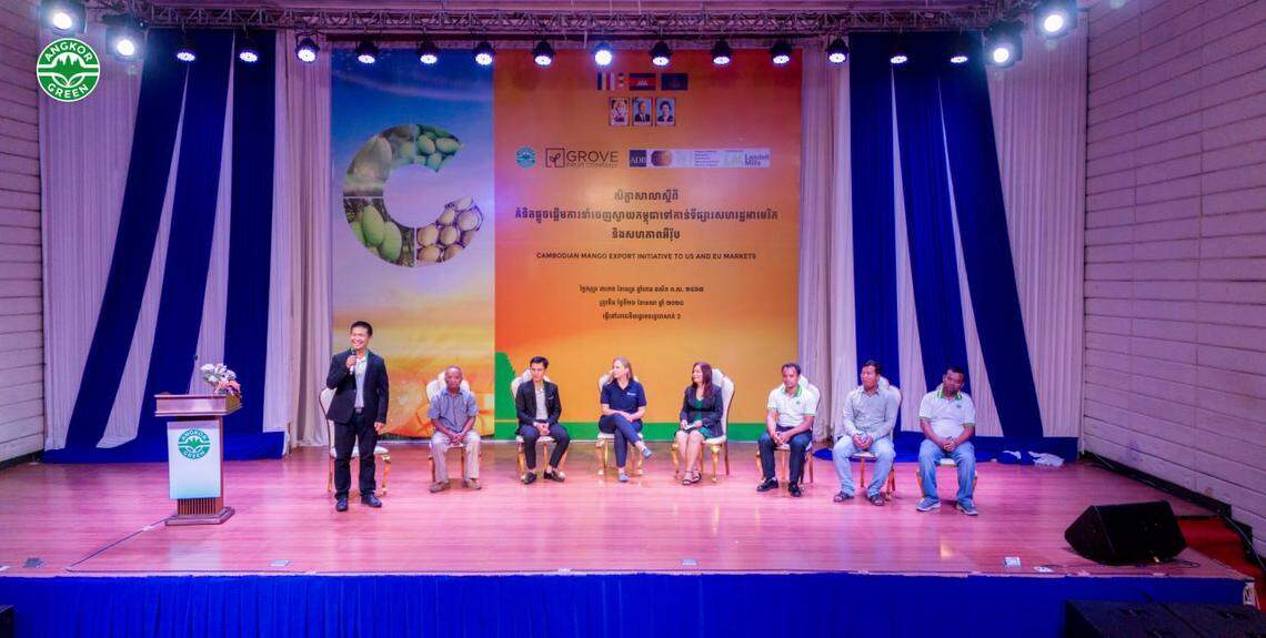 During an Asian Development Bank conference in November 2024 in China, Coree Carver, center, of Boise, Idaho, and owner of Grove Fruit Growers, served as a panelist with the United Nations Food and Agriculture Organization. Her business, which ships mangoes from Cambodia, is now in jeopardy after a 49% tariff on Cambodian good proposed by President Donald Trump.