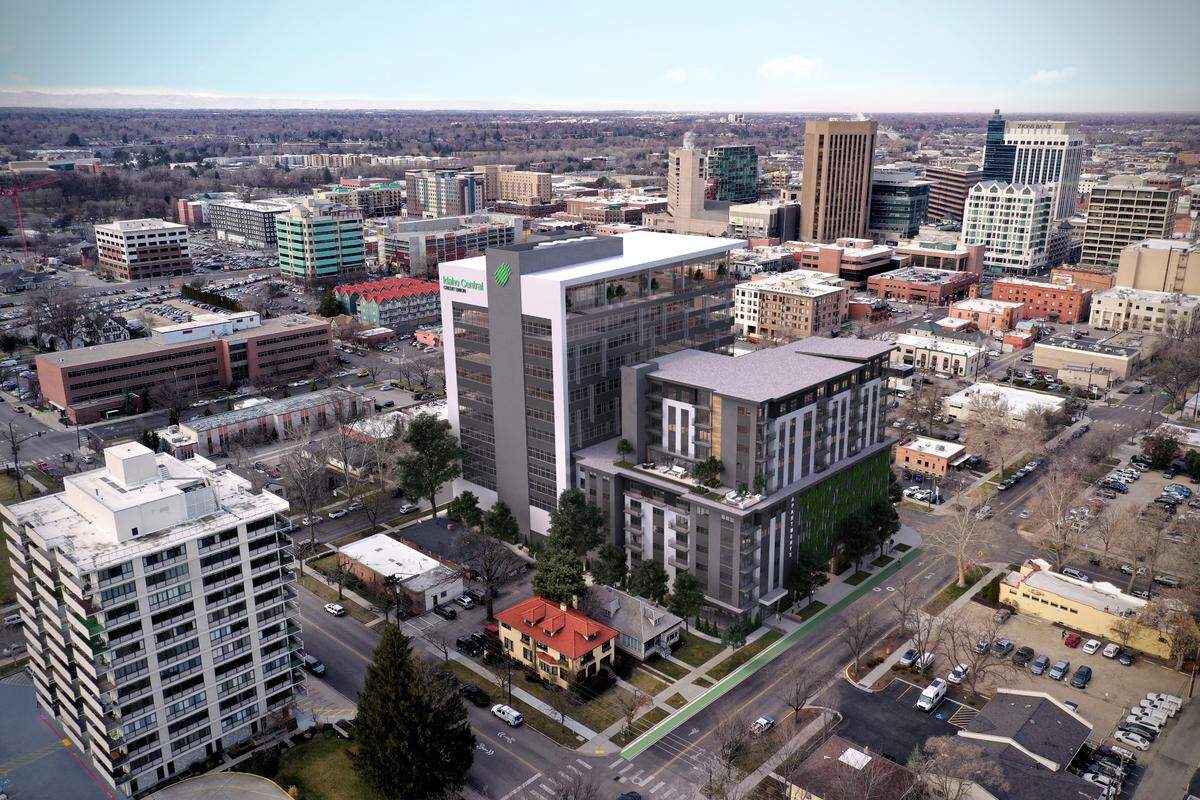 Developer Ball Ventures Ahlquist is constructing a two-tower building at 200 N. 4th St. in downtown Boise at the previous site of an Idaho Central Credit Union branch. The new building will have 13 stories and approximately 125 residential units. This rendering shows a view looking toward the southwest.