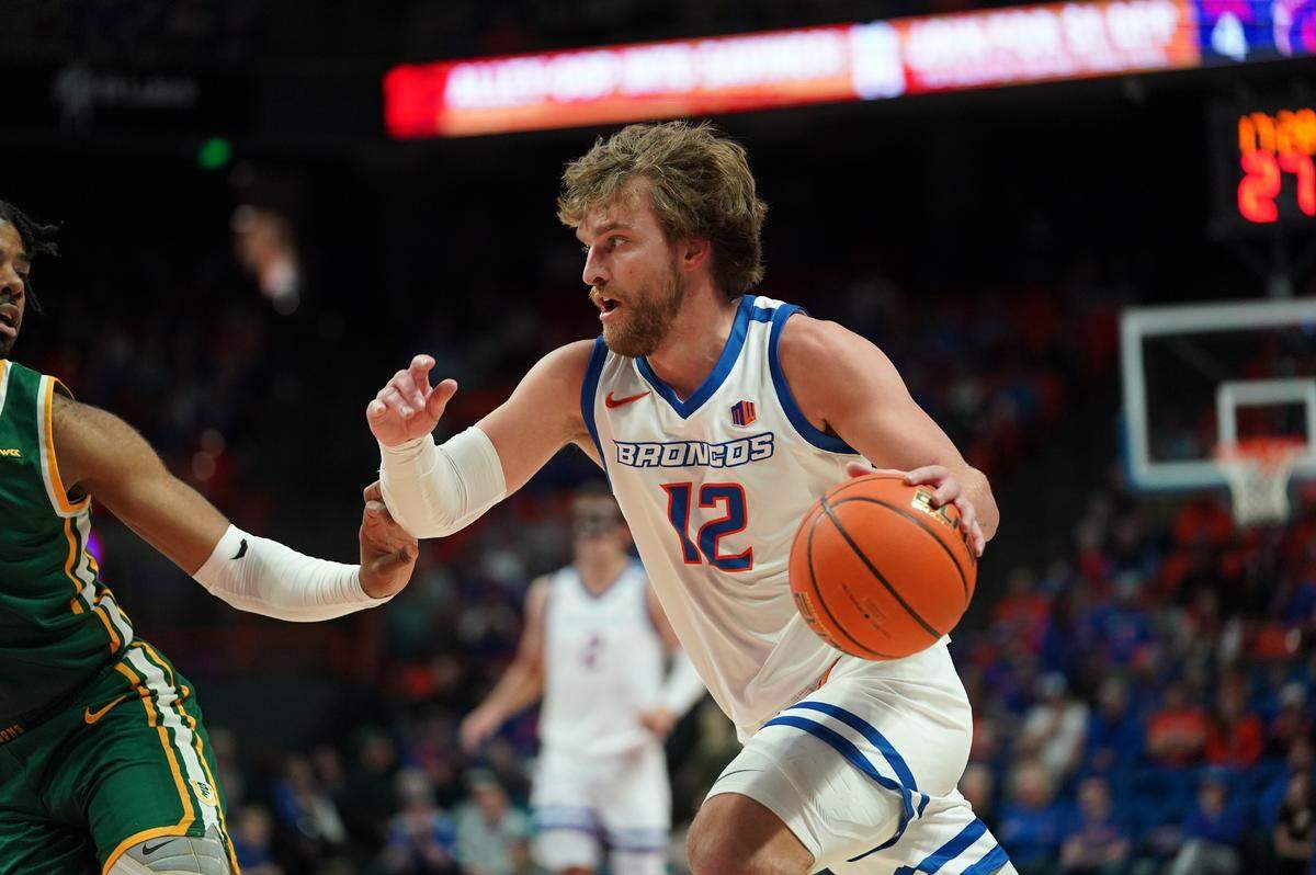Boise State sixth-year senior Max Rice finished with 15 rebounds and six rebounds in the Broncos’ 63-58 win over San Francisco on Sunday.
