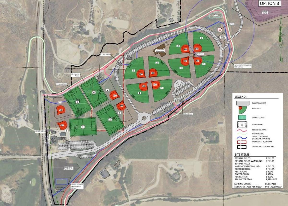 There are two options for the Eagle Regional Sports Park. One has an indoor option with an Olympic-sized swimming pool and indoor practice fields.
