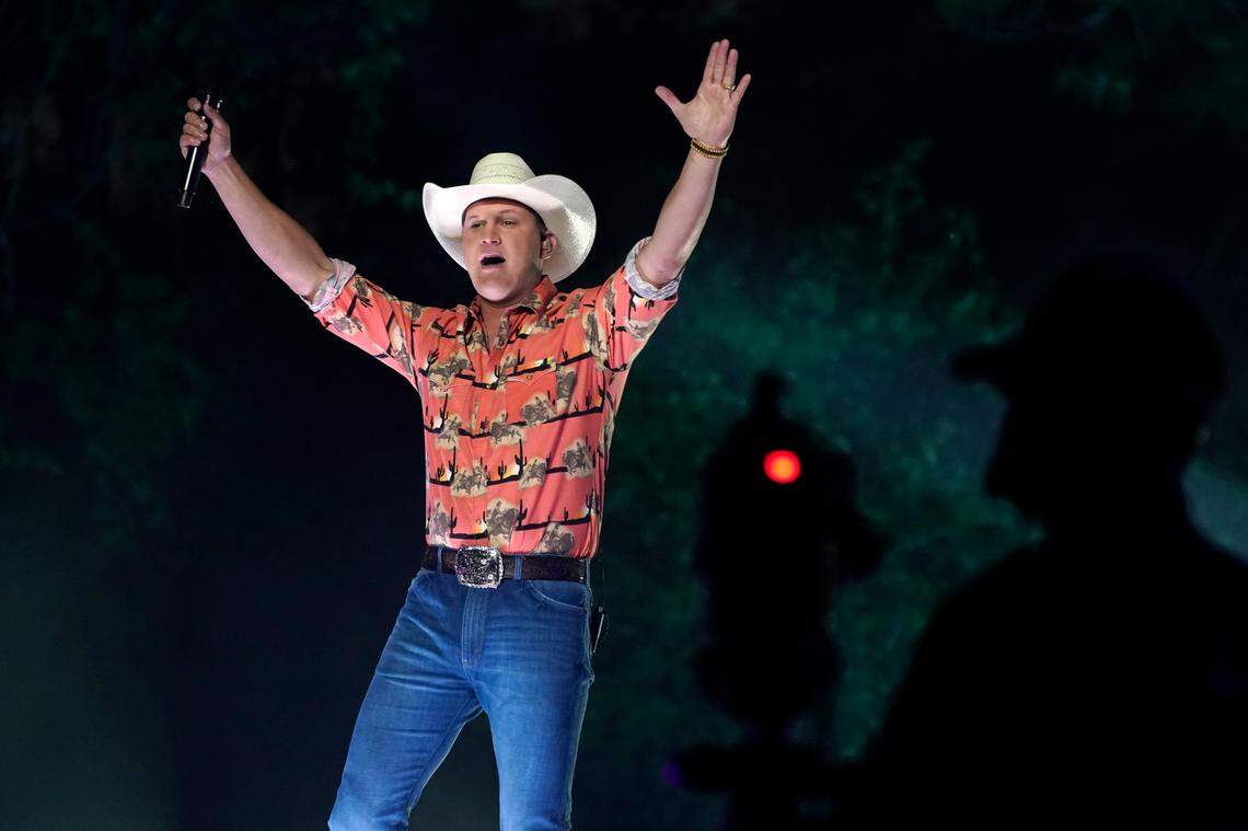 Jon Pardi performs “Getting Over Him” with Lauren Alaina at the CMT Music Awards on May 20, 2021, in Franklin, Tenn. The awards show airs on June 9 with both live and prerecorded segments. (AP Photo/Mark Humphrey)