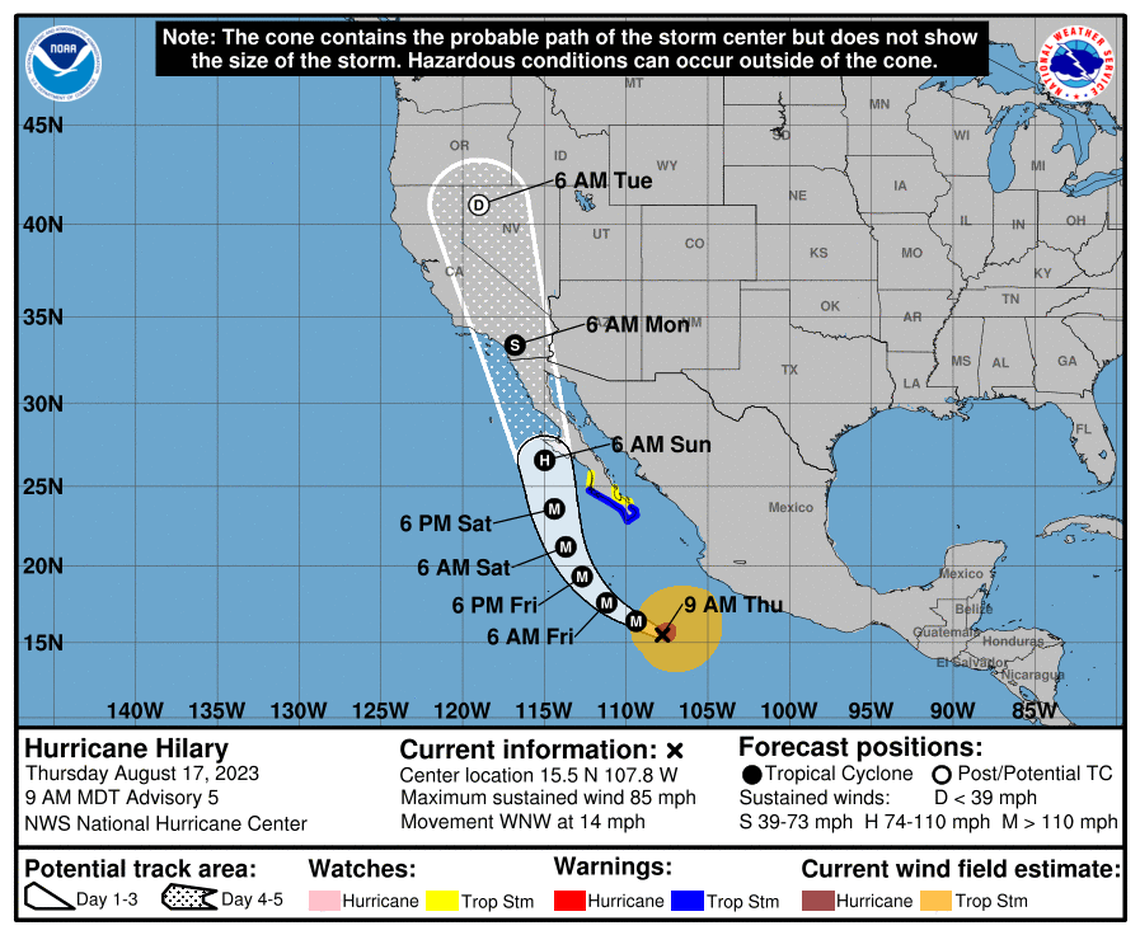 The southwestern corner of Idaho is in the probable path cone for Hurricane Hilary on Thursday morning’s advisory.