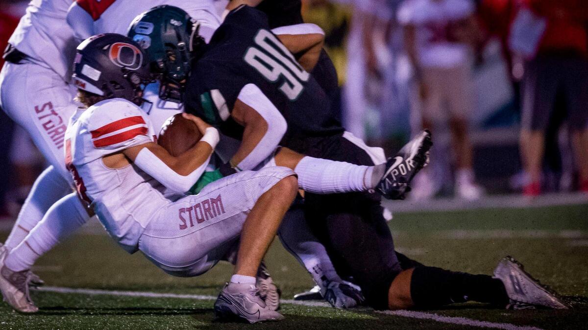 Eagle defensive end Seth Brock drops Owyhee quarterback Matt Irwin for one of his 17 sacks last season.