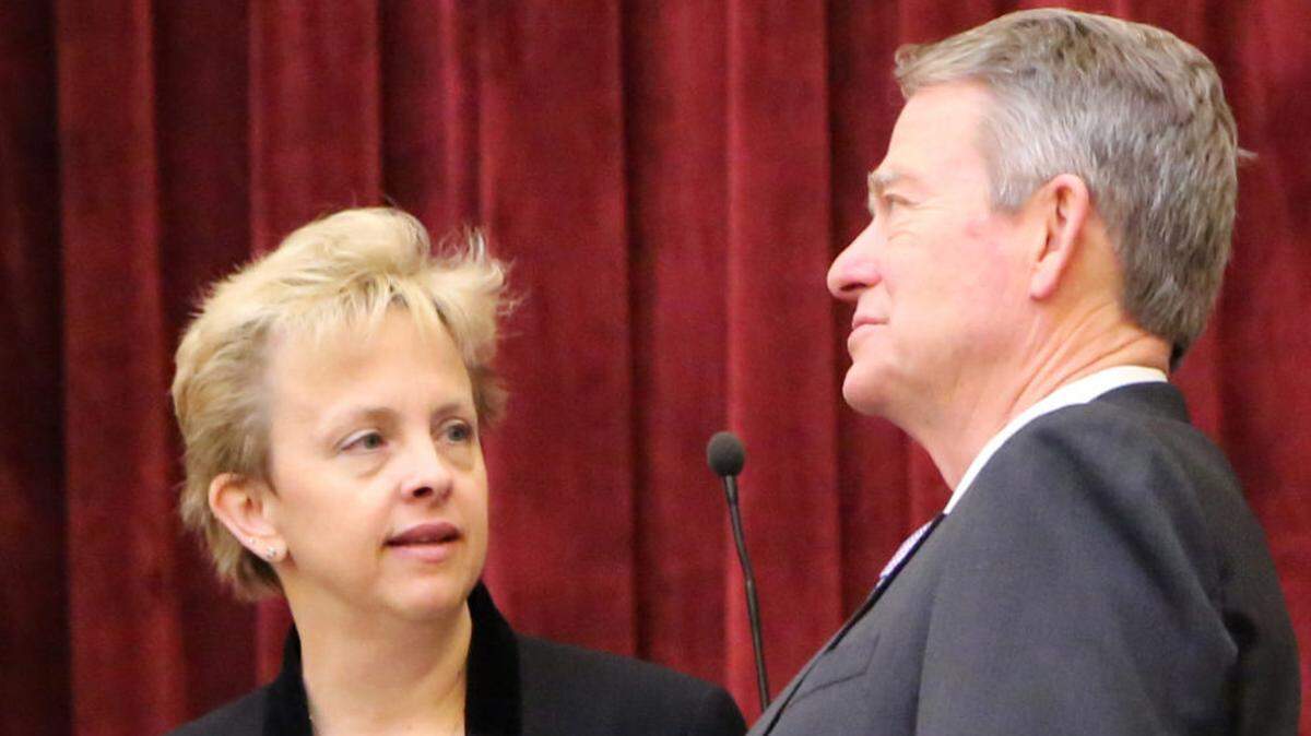 Shawn Keough and Brad Little confer during a break on the Senate floor during the 2016 legislative session. At the time, Keough was in her 20th year in the Senate; Little was lieutenant governor, and the Senate’s presiding officer. On Thursday, Little appointed Keough to the State Board of Education.