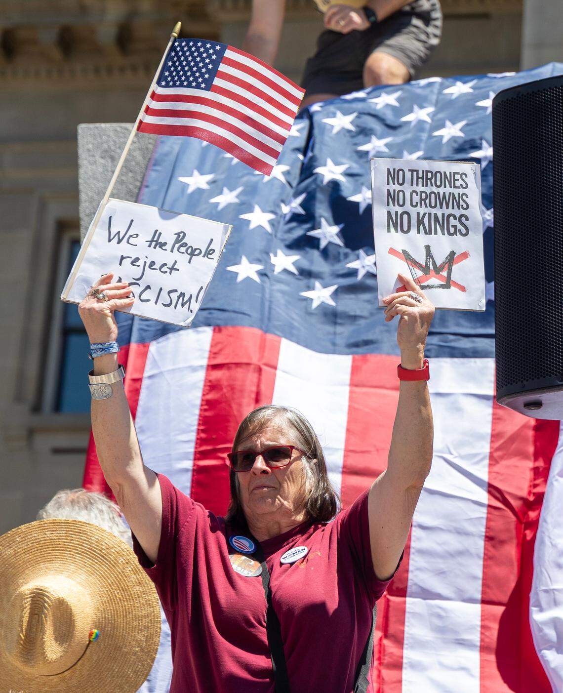 Thousands of protesters gathered outside of the Idaho Capitol Building in Boise Saturday, June 14, 2025 as part of the national “No Kings” protests against President Donald Trump and his administration.