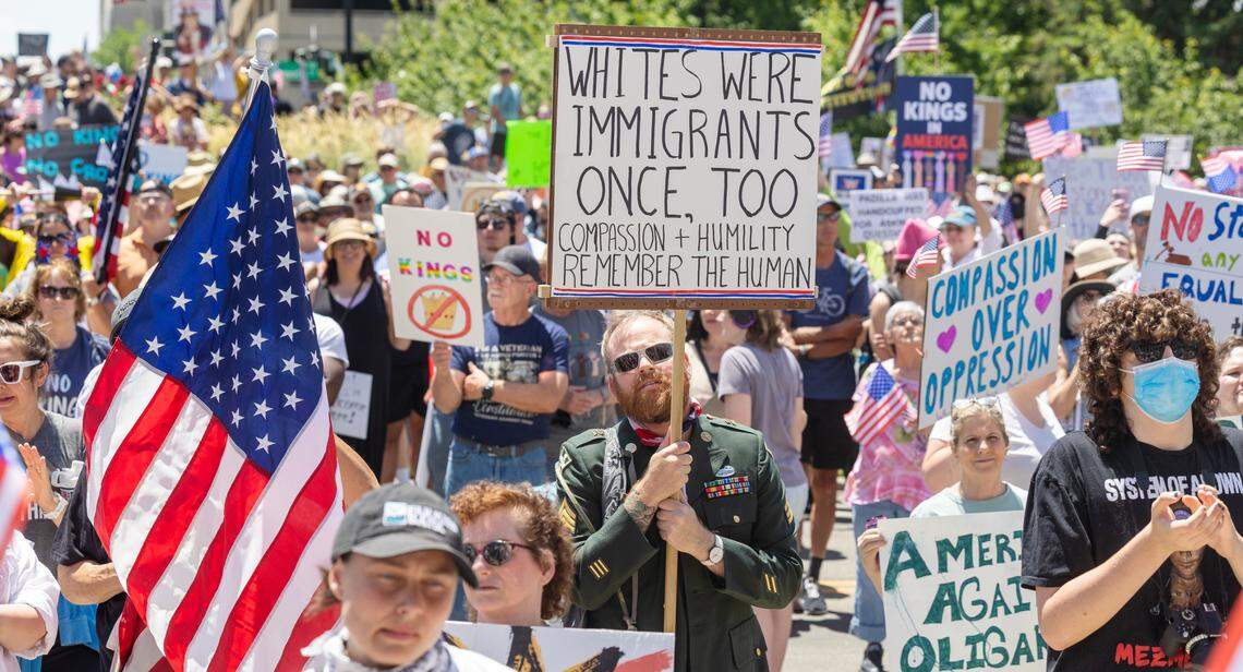 Thousands of protesters gathered outside of the Idaho Capitol Building in Boise Saturday, June 14, 2025 as part of the national “No Kings” protests against President Donald Trump and his administration.