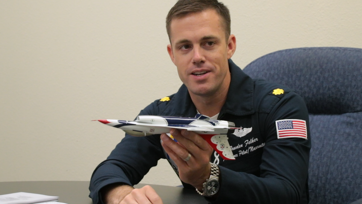 Maj. Branden Felker, known as Thunderbird 8, is the Advance Pilot and Narrator for the U.S. Air Force Air Demonstration Squadron. Maj. Felker helps Idaho Statesman video producer Kelsey Grey understand what she will experience during her flight using a model F-16C during a pre-flight debriefing.