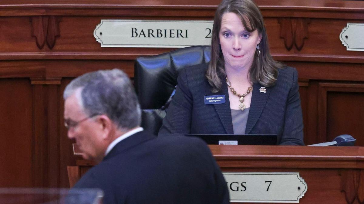 Rep. Priscilla Giddings, R-White Bird, glances up briefly as Idaho House Speaker Scott Bedke prepares to start a reconvening of the Idaho House of Representatives on Monday at the Statehouse in Boise. One of the first orders of business was to vote on accepting a report from the Idaho Ethics and House Policy Committee reccommending censure of Giddings. After nearly two hours of debate, the motion was passed 49-19.