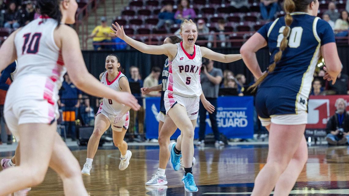 Pocatello celebrates its 62-46 win over Middleton in the 5A girls basketball state championship game Saturday at the Ford Idaho Center in Nampa.