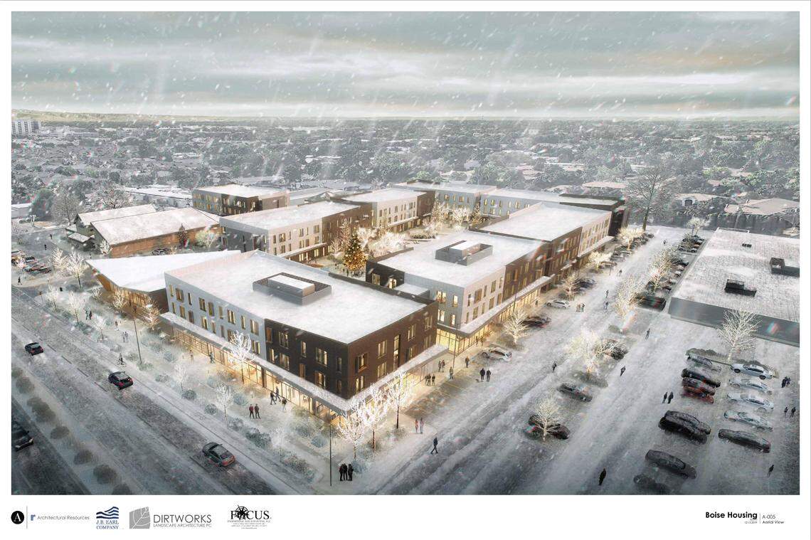 An artist’s rendering of the 235-unit apartment complex shows nine buildings, with retail facing Fairview Avenue, shown here at the left center.
