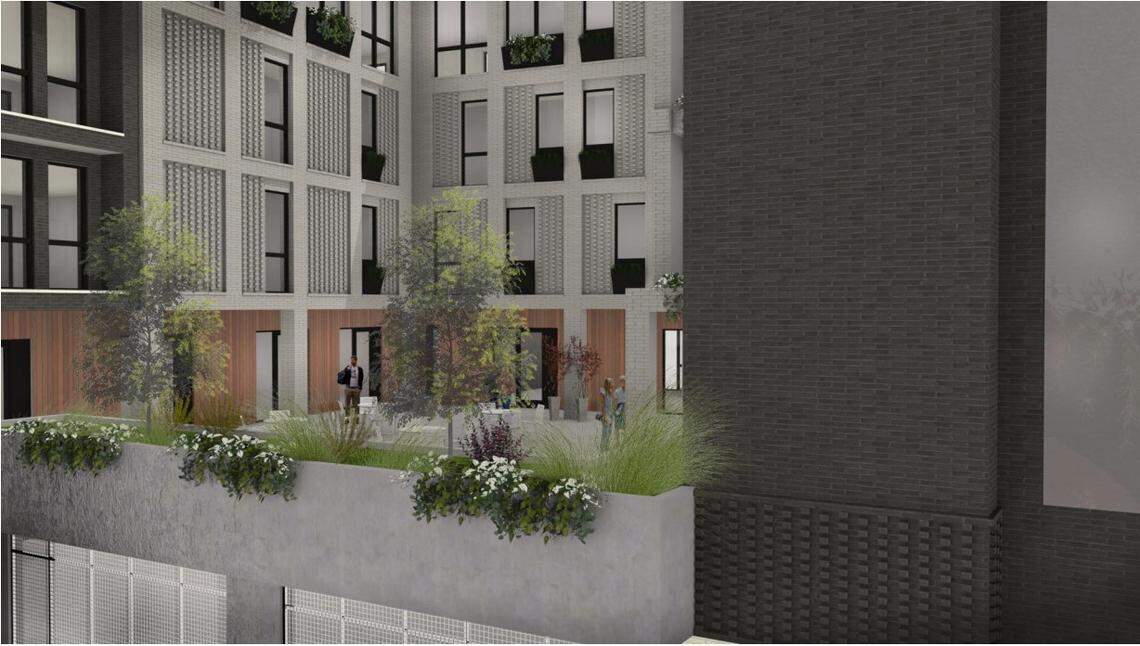 An artist’s rendering of the outdoor courtyard at the Sonder, a planned mix of apartments and artist studios on 35th Street in Garden City.