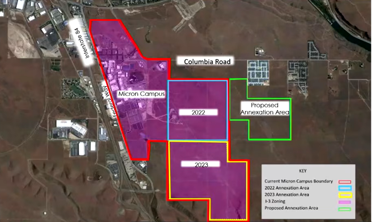 Micron’s latest annexation request, outlined in green, would be used for an electrical substation next to its second fab.