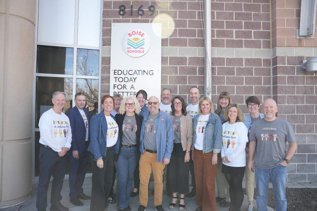 This photo posted to the Boise School District’s Instagram page shows several administrators wearing “Everyone is Welcome Here” T-shirts in response to the West Ada School District’s order that a teacher remove a poster bearing that message.