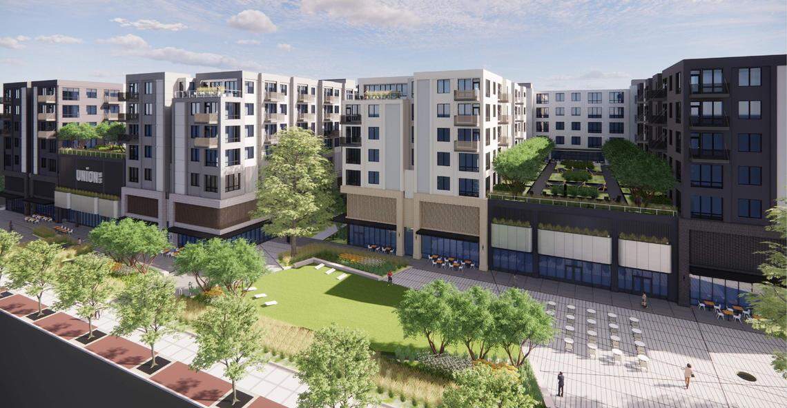 Rendering of Union 93, a retail and residential project planned for Broadway Avenue and Main Street in downtown Meridian, showing an outdoor plaza in front of apartments.