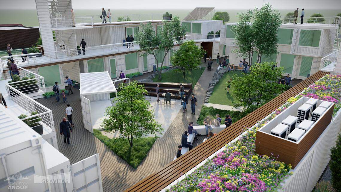 This architect’s rendering shows the courtyard within Park 33. The parts of the development facing the street will be covered with wood, but parts facing the courtyard will show the sides of the shipping containers the units are made from, developer Jason Jones said.