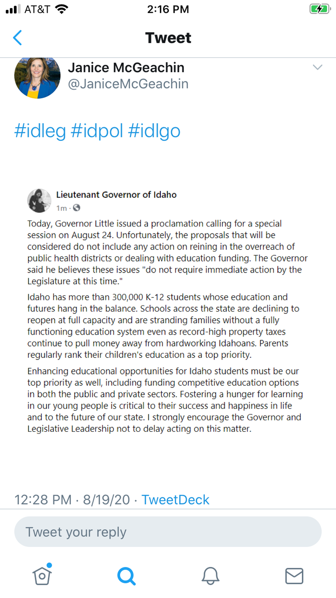 In a statement tweeted on Aug. 19, Idaho Lt. Gov. Janice McGeachin urged urgency to help Idaho’s schools and make education funding part of the upcoming special session. On Tuesday, she skipped a meeting to approve the funding so she could go to a political fundraiser with Donald Trump Jr.