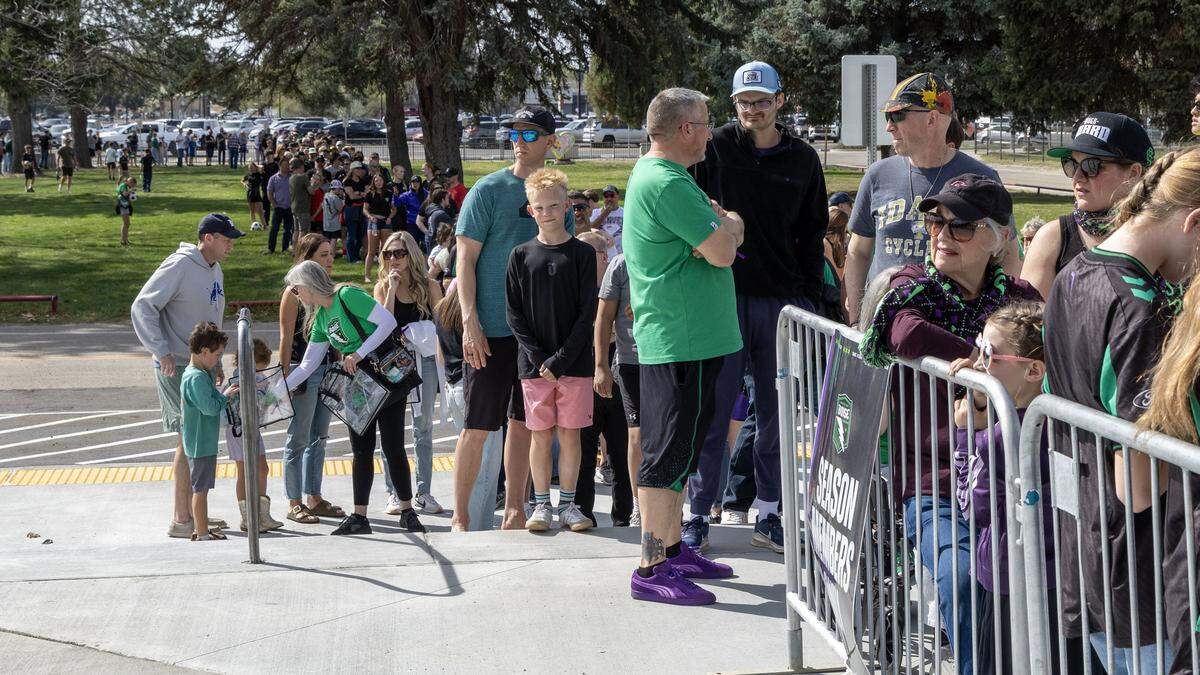 A long line forms before the doors open for Athletic Club Boise fans arriving for Fan Fest, Saturday, March 28, 2026.