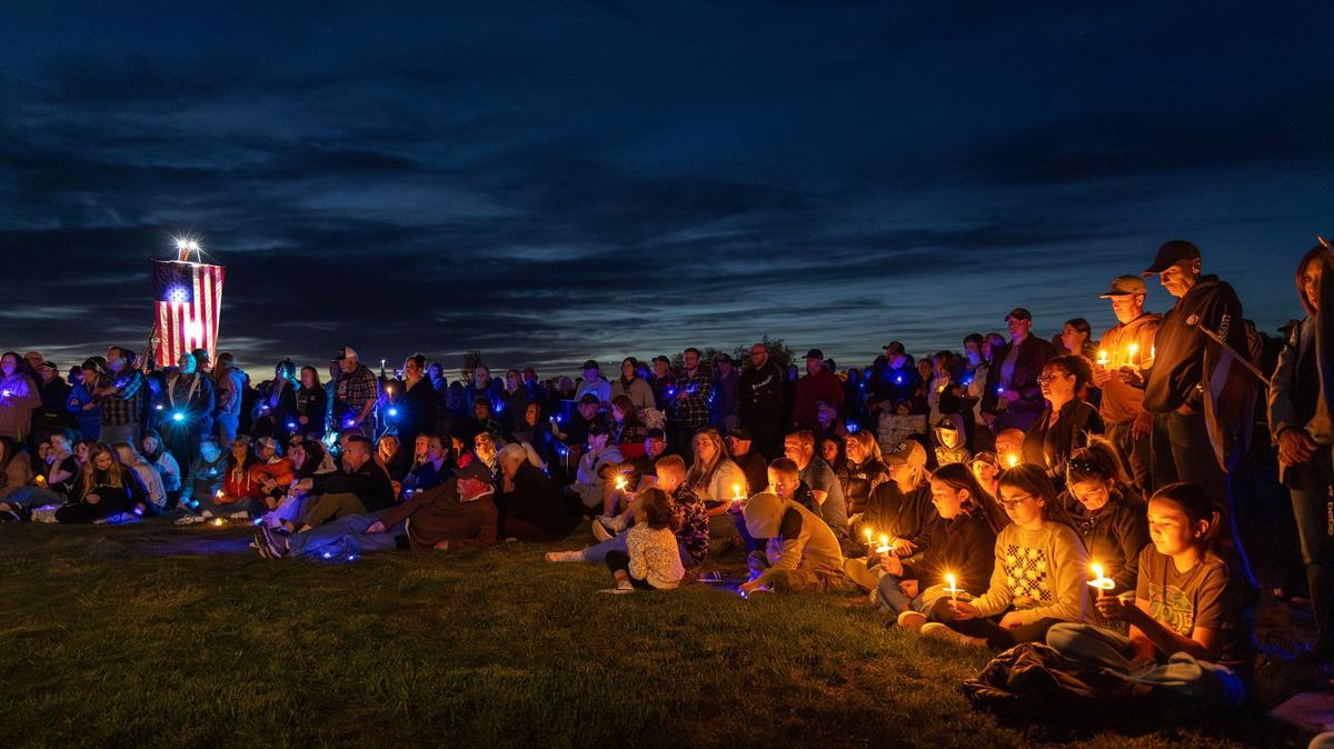 Hundreds of people gather for a vigil in honor of Ada County Sheriff’s Deputy Tobin Bolter, who was killed in the line of duty this past weekend. Members of the law enforcement community, friends and supporters met at Hunter’s Creek Sports Park in Star on Tuesday.