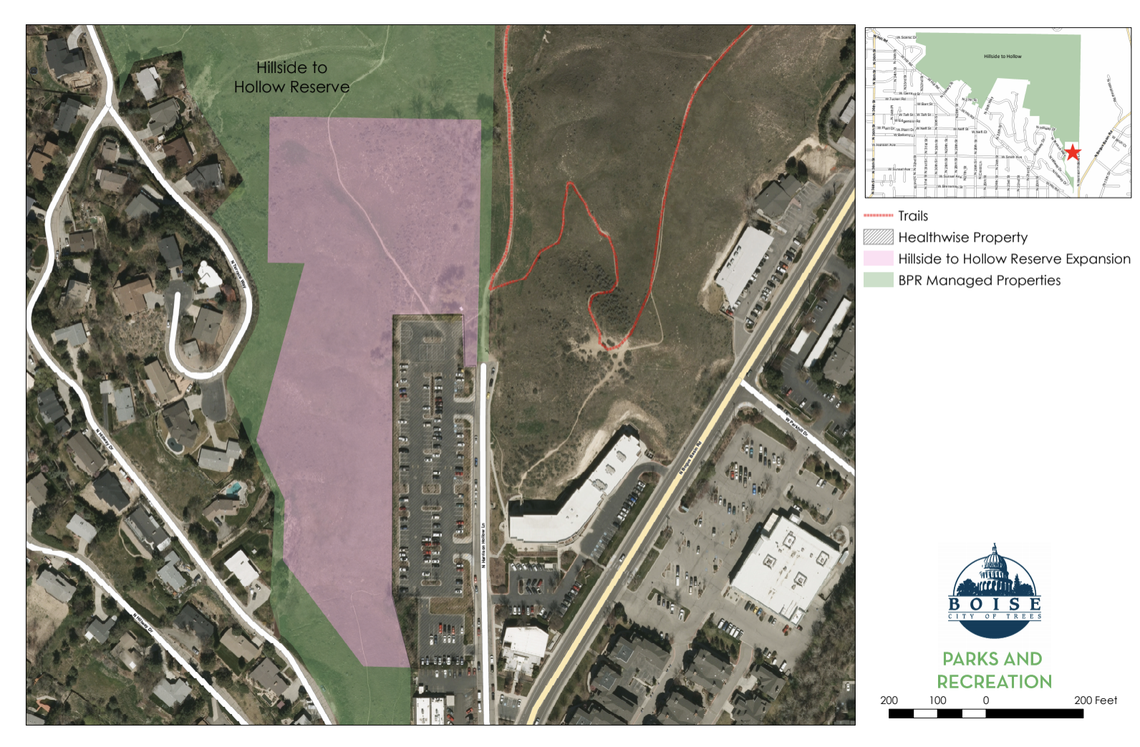 A rendering shows where an additional parcel of land, in purple, would join the existing Hillside to Hollow Reserve in the Foothills of Boise. The 8 acre parcel, sold by Healthwise to the city of Boise, would allow for installation of a parking lot and restroom if approved by City Council.