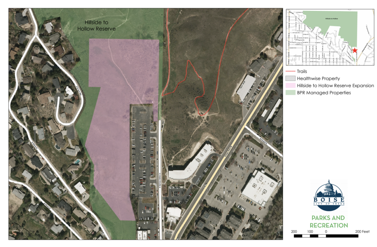 A rendering shows where an additional parcel of land, in purple, would join the existing Hillside to Hollow Reserve in the Foothills of Boise. The 8 acre parcel, sold by Healthwise to the city of Boise, would allow for installation of a parking lot and restroom if approved by City Council.
