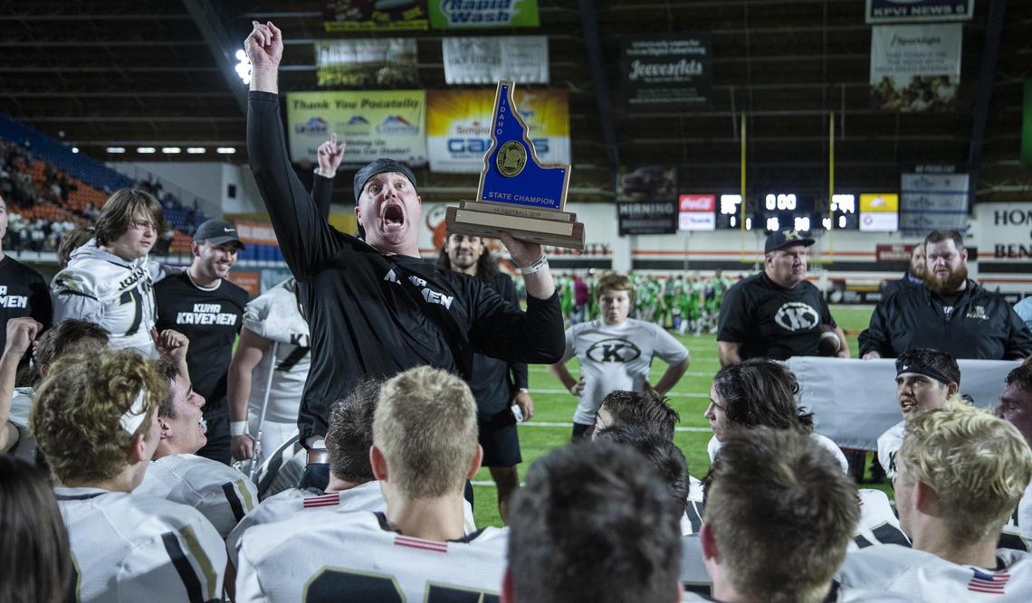Kuna head football coach Sherman Blaser recites three goals the Kavemen had for the 2019 season and how they achieved them all with an undefeated season, capped by a 49-35 state championship victory Saturday, Nov. 23, 2019 at Holt Arena in Pocatello.