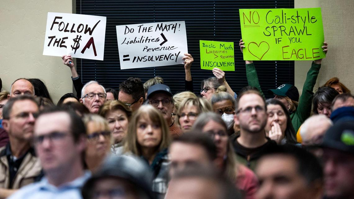 A capacity crowd, many carrying signs, fills the Eagle City Council chambers March 13 to give and hear public testimony on Avimor’s request to be annexed into the City of Eagle.