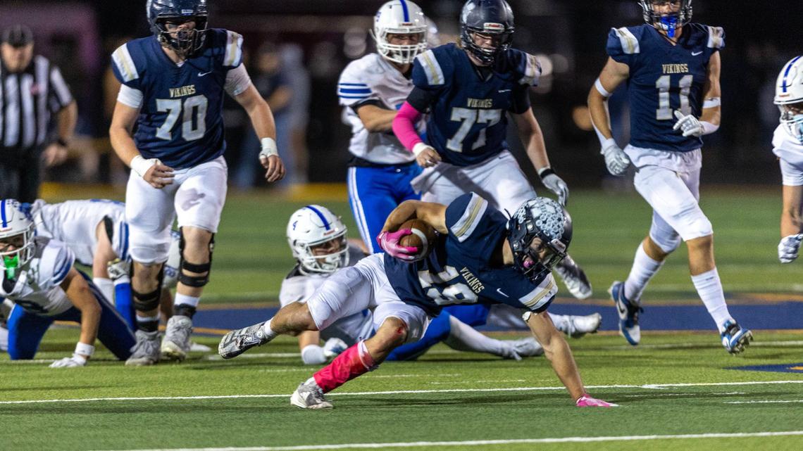 Middleton running back Jake Perez spins out of a tackle attempt and keeps on his feet for a 55-yard touchdown run against Timberline last season. He returns healthy after an injury ended his season after six games. 