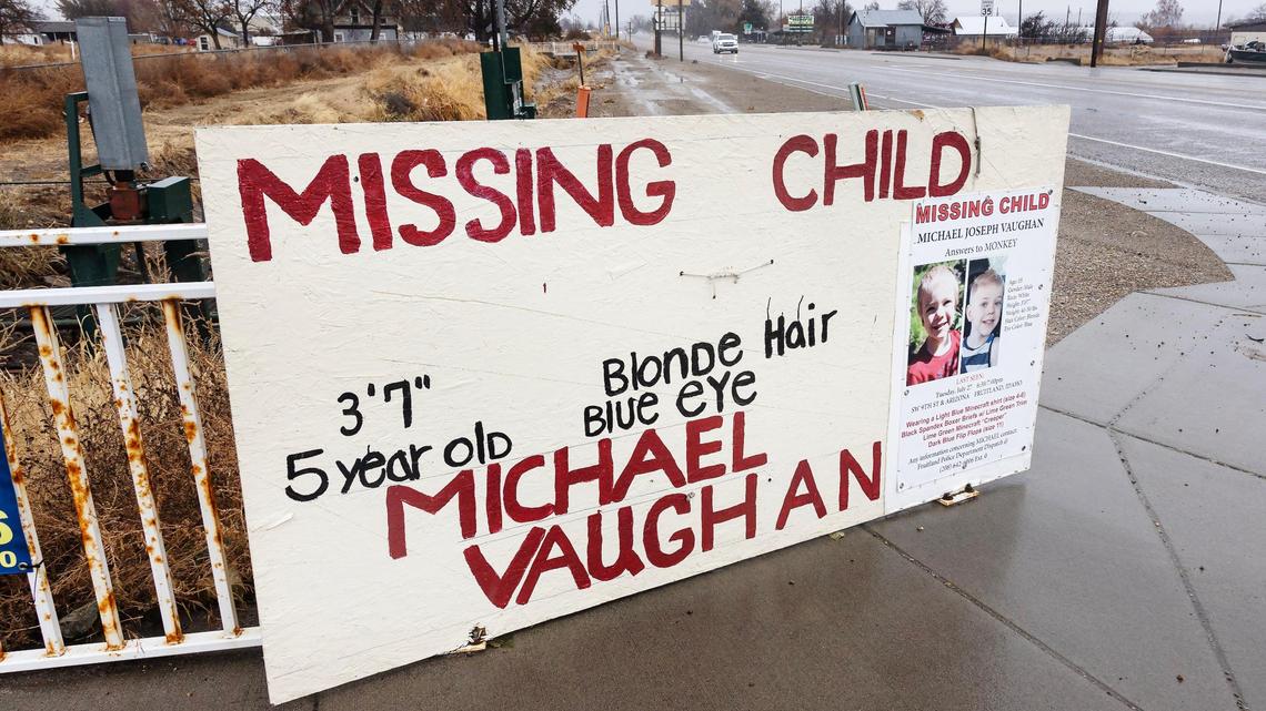 A sign in Fruitland gives information on Michael Vaughan, a child who is missing.