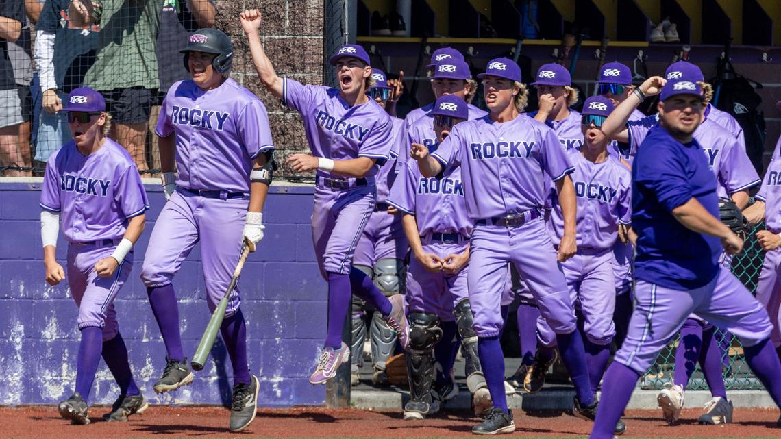 Rocky Mountain celebrates a run in the bottom of the fifth inning Thursday against Middleton in the first round of the Idaho 5A baseball state tournament at Wolfe Field in Caldwell. The Grizzlies won 3-1 to advance to the semifinals.