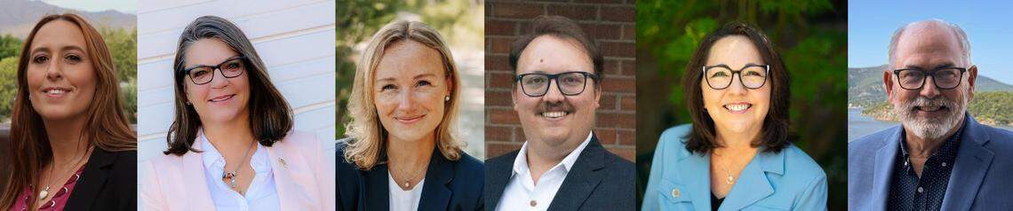 From left: Starr Shepard, Teresa Jorgensen, Kelceymarie Warner, Gage Coprivnicar, Wendy Carver-Herbert and Dennis Mansfield, are running for the City Council.