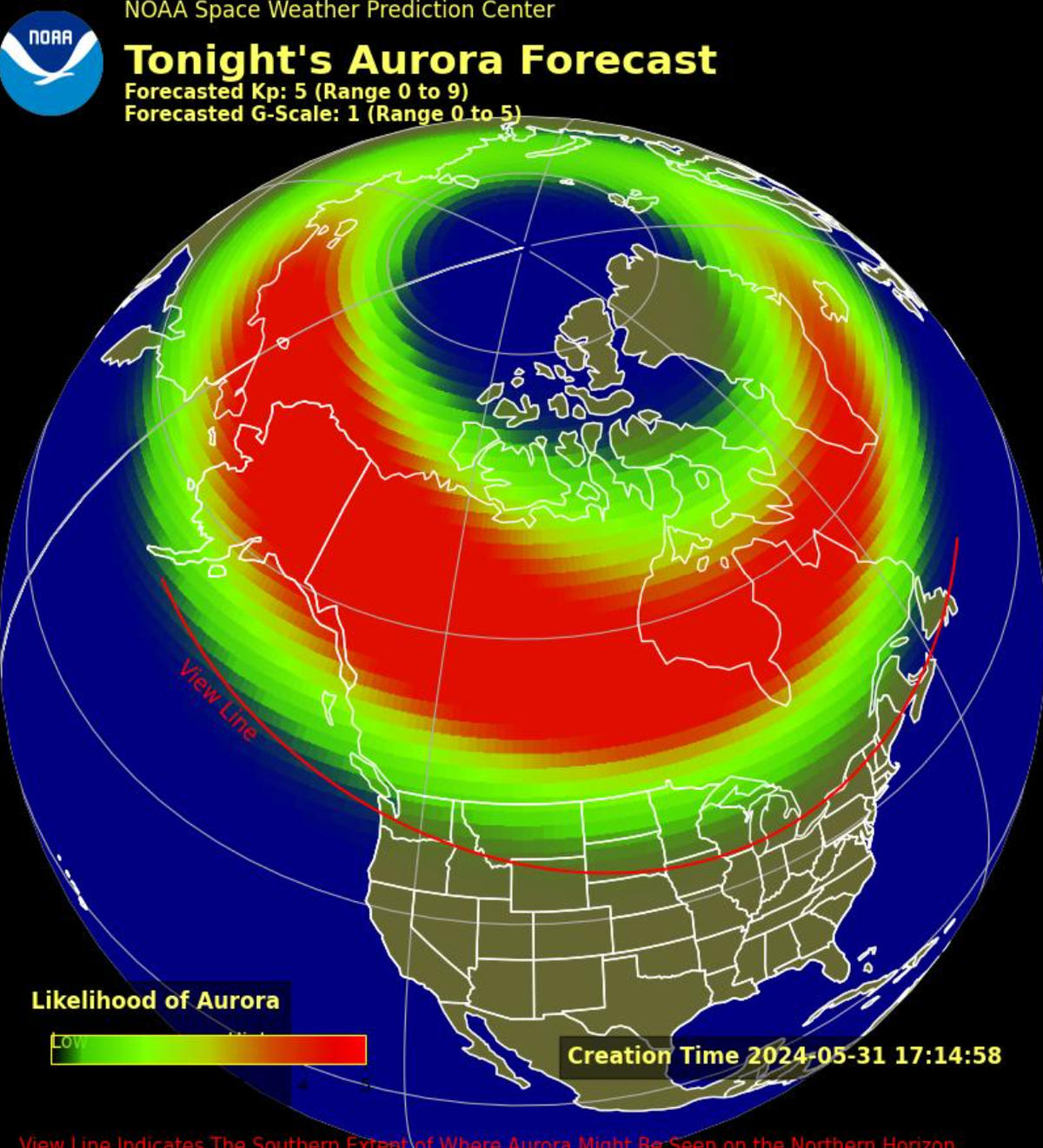 NOAA said increased geomagnetic activity was expected Friday night, increasing the likelihood of seeing aurora in the Northern Hemisphere. The activity is expected to increase in June as a sunspot comes back into Earth’s view.