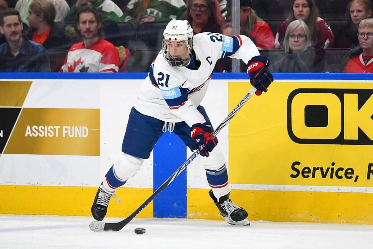 Hilary Knight handles the puck during the third period of Game Two of the 2025 Rivalry Series against Team Canada in Edmonton in December.