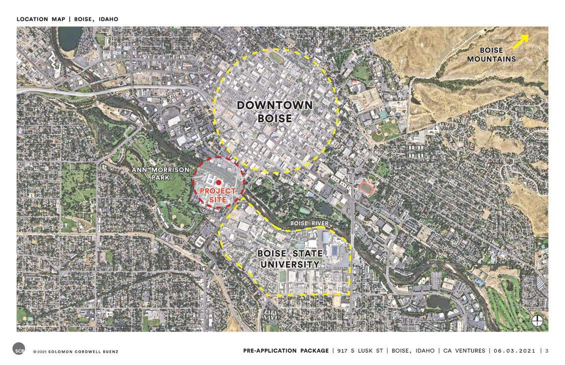 The proposed apartment building would sit along the river and west of Boise State University in the Lusk District.